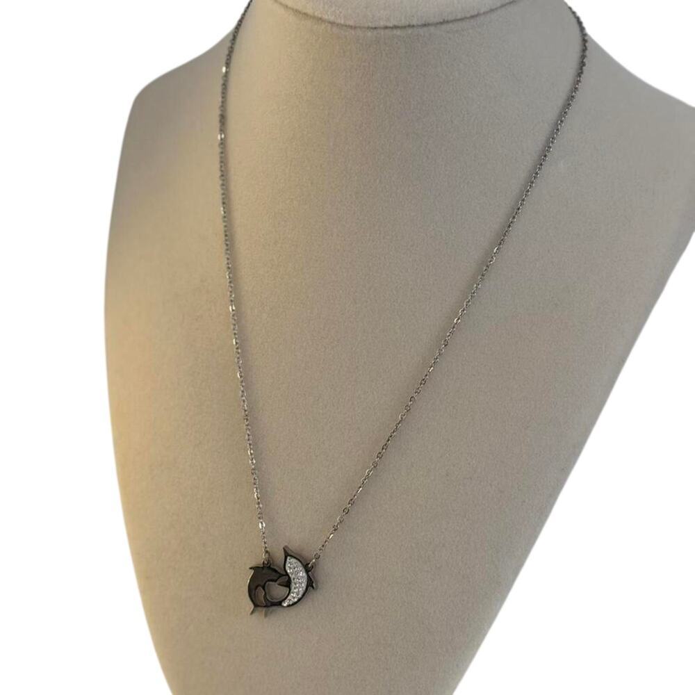Silver Dolphin Pendant Necklace Women Crystal Minimalist Ocean Jewelry - Picture 2 of 6